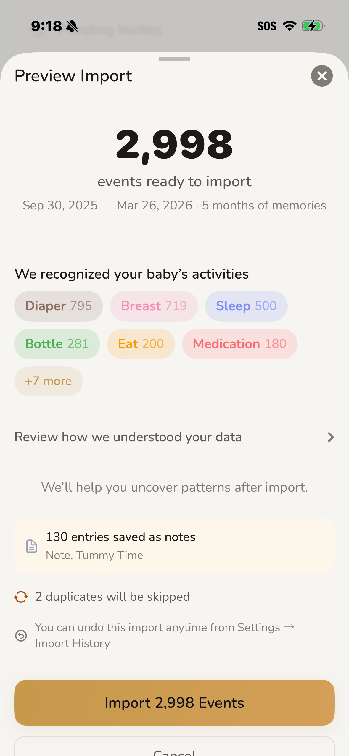Robin Baby app interface showing imported history summary